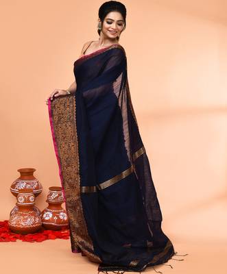 cotton blend navy blue handloom saree with blouse piece 2