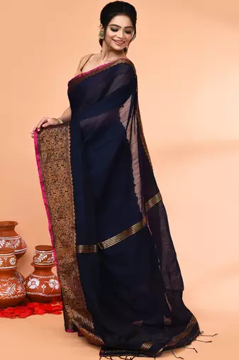 cotton blend navy blue handloom saree with blouse piece
