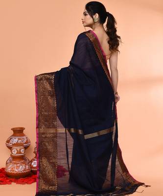 cotton blend navy blue handloom saree with blouse piece 3