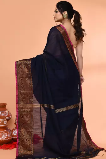 cotton blend navy blue handloom saree with blouse piece