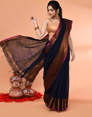 cotton blend navy blue handloom saree with blouse piece 4