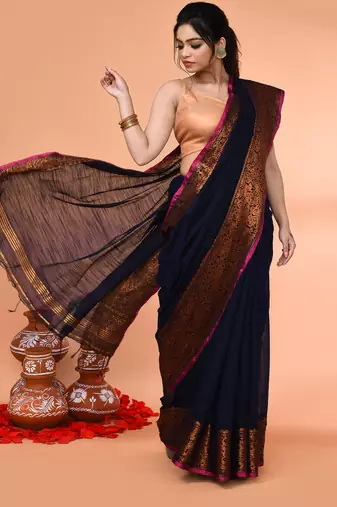 cotton blend navy blue handloom saree with blouse piece