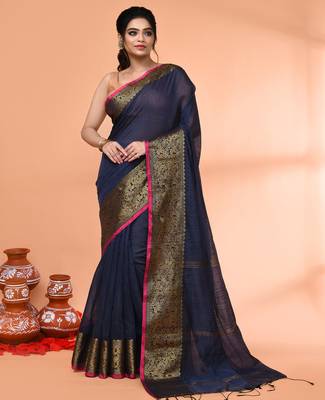cotton blend blue handloom saree with blouse piece 1