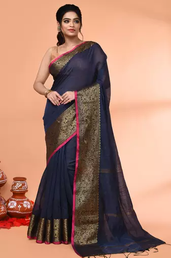 cotton blend blue handloom saree with blouse piece