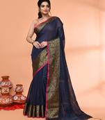 cotton blend blue handloom saree with blouse piece