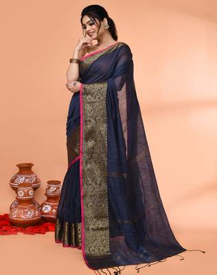 cotton blend blue handloom saree with blouse piece 2