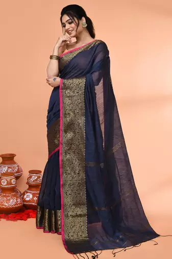 cotton blend blue handloom saree with blouse piece