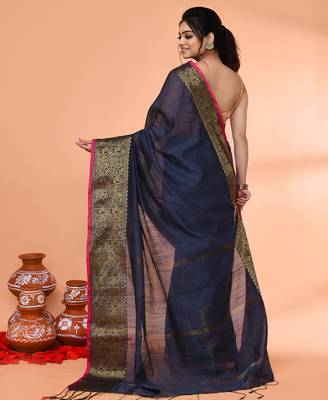 cotton blend blue handloom saree with blouse piece 3