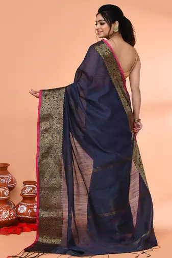 cotton blend blue handloom saree with blouse piece