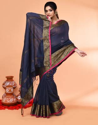 cotton blend blue handloom saree with blouse piece 4