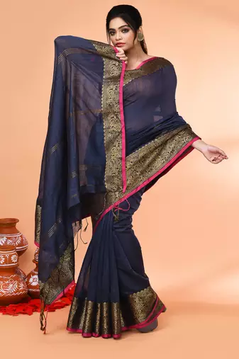 cotton blend blue handloom saree with blouse piece