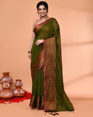 cotton blend moss green handloom saree with blouse piece 1
