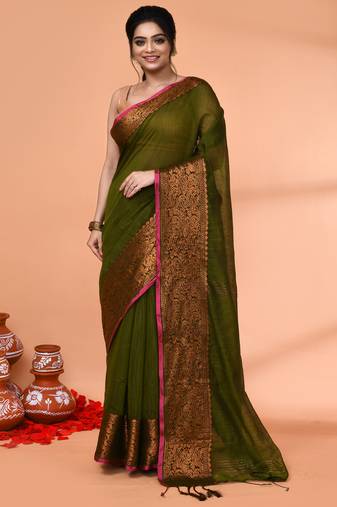 cotton blend moss green handloom saree with blouse piece