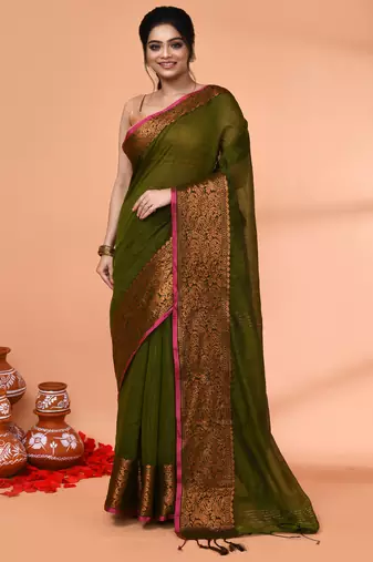 cotton blend moss green handloom saree with blouse piece