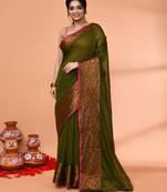 cotton blend moss green handloom saree with blouse piece