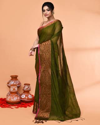cotton blend moss green handloom saree with blouse piece 2