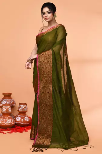 cotton blend moss green handloom saree with blouse piece