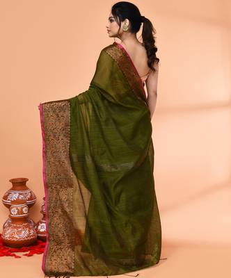 cotton blend moss green handloom saree with blouse piece 3