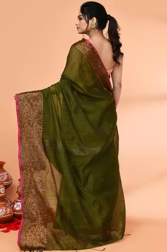 cotton blend moss green handloom saree with blouse piece