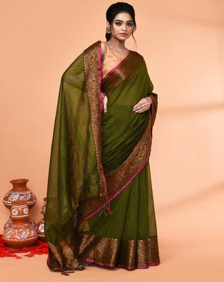 cotton blend moss green handloom saree with blouse piece 4