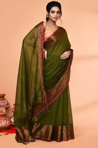 cotton blend moss green handloom saree with blouse piece