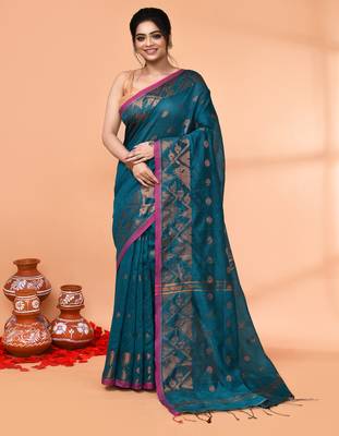 cotton blend teal handloom saree with blouse piece 1