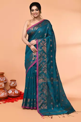cotton blend teal handloom saree with blouse piece