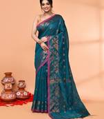 cotton blend teal handloom saree with blouse piece