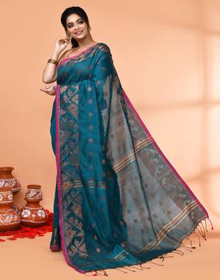cotton blend teal handloom saree with blouse piece 2