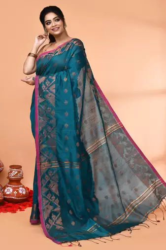 cotton blend teal handloom saree with blouse piece