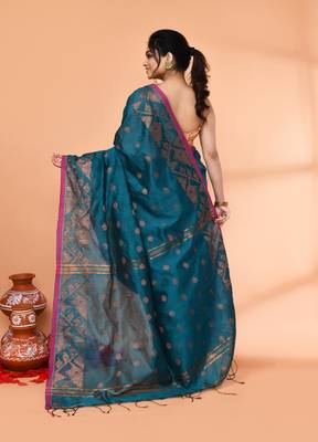 cotton blend teal handloom saree with blouse piece 3