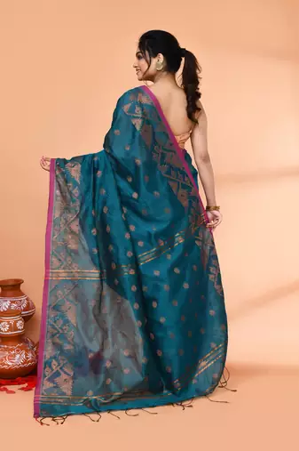 cotton blend teal handloom saree with blouse piece