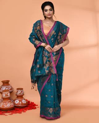 cotton blend teal handloom saree with blouse piece 4