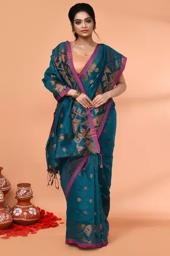 cotton blend teal handloom saree with blouse piece