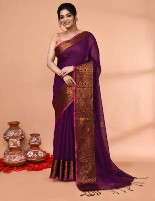 cotton blend magenta handloom saree with blouse piece 1
