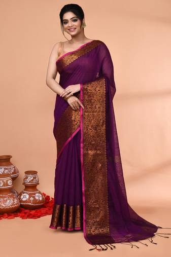 cotton blend magenta handloom saree with blouse piece