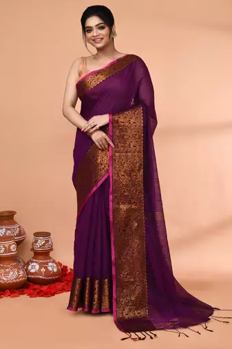 cotton blend magenta handloom saree with blouse piece