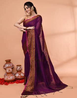 cotton blend magenta handloom saree with blouse piece 2