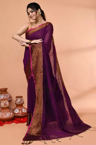cotton blend magenta handloom saree with blouse piece
