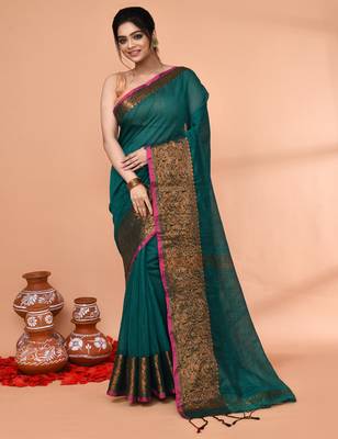 cotton blend teal handloom saree with blouse piece 1