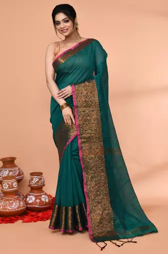 cotton blend teal handloom saree with blouse piece