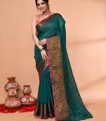 cotton blend teal handloom saree with blouse piece