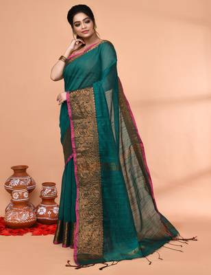 cotton blend teal handloom saree with blouse piece 2
