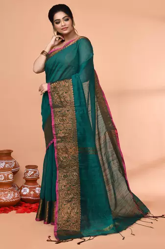 cotton blend teal handloom saree with blouse piece
