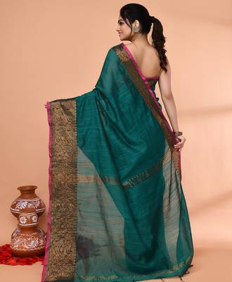 cotton blend teal handloom saree with blouse piece 3