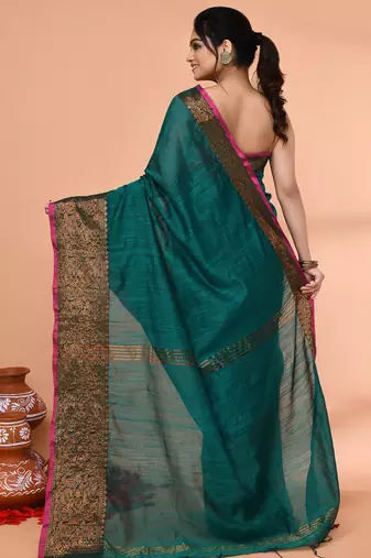 cotton blend teal handloom saree with blouse piece