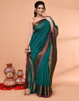 cotton blend teal handloom saree with blouse piece 4