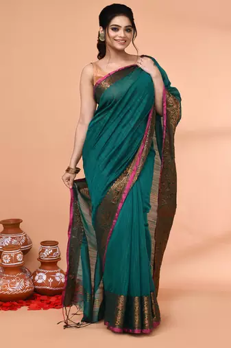 cotton blend teal handloom saree with blouse piece