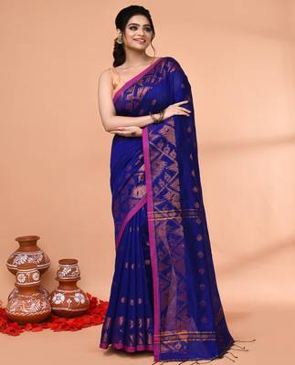 cotton blend royal blue handloom saree with blouse piece 1
