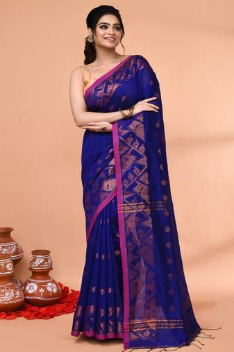 cotton blend royal blue handloom saree with blouse piece